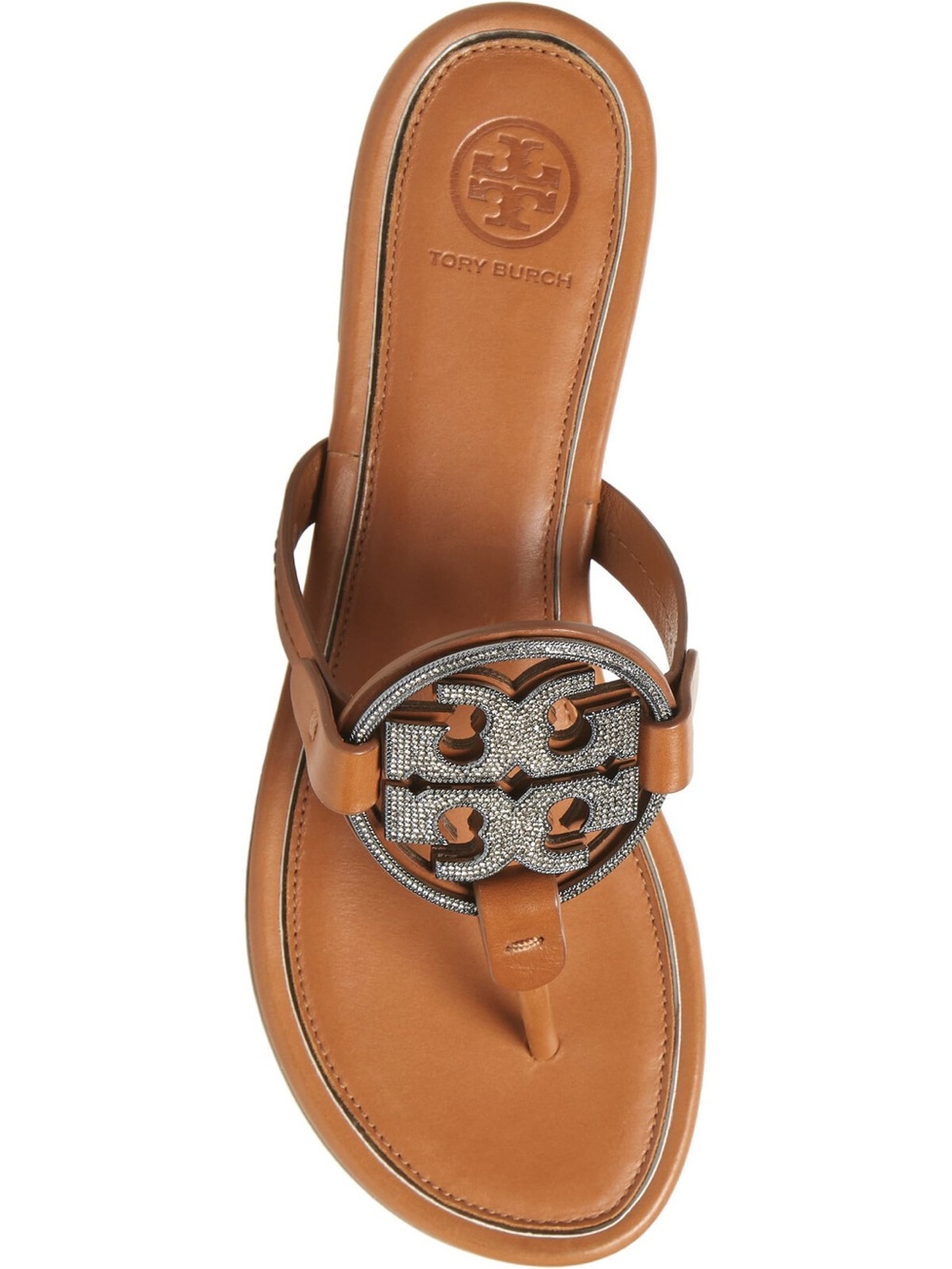 Tory Burch Tan Leather Thong Sandal with Crystal Logo Medallion